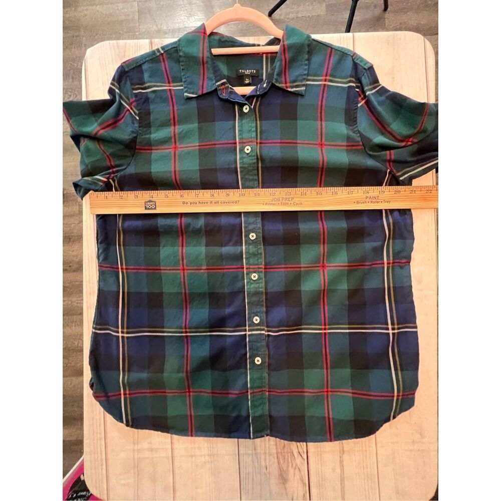 Talbots green and navy plaid button-down size large petite - Picture 6 of 7